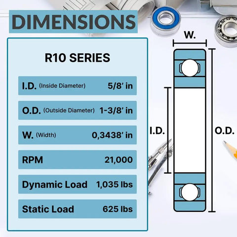 Dimensions chart for 10 Pack R10 ZZ Chrome Steel Sealed Ball Bearings Lubricated With Metal Shield For High RPM Performance