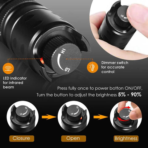 Close-up of Beast Mode 850nm Infrared Illuminator Flashlight with Fresnel Lens, dimmer switch detail for brightness control.