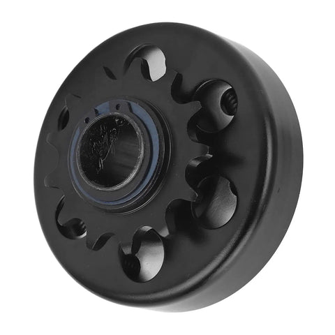 Built Tough Heavy Duty Centrifugal Clutch With One Inch Bore And Thirteen Teeth For Mini Bikes Go Karts And Small Gas Engines Grabs Hard At Two Thousand Three Hundred RPM For Rock Solid Power Transfer And Zero Slip Action Every Time You Ride, showing close up view of clutch gear and outer casing.
