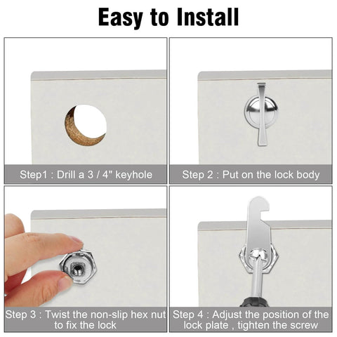 Installation steps for secure cabinets and RV compartments with keyless thumb cam locks, simple one and one eighth inch offset design.