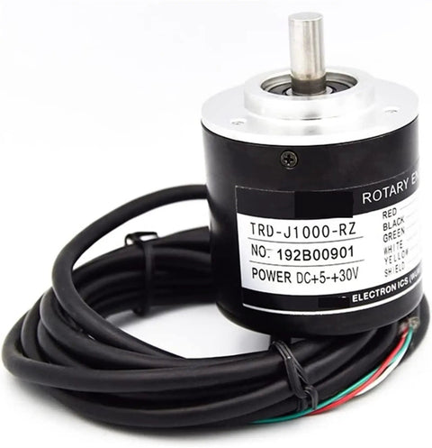 Pro Grade Absolute Rotary Encoder With Switch Function TRD J1000 RZ, black anti-corrosion body with wiring, front view