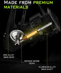 Detailed view of lightweight spinning reel's bronze worm gear, aluminum main shaft, and zinc alloy main gear with carbon frame.