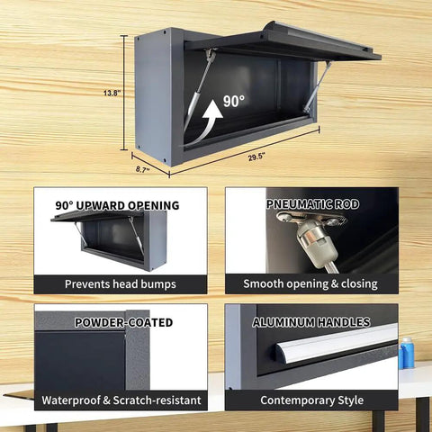 Badass Metal Workbench Station With Locking Rolling Chest Full Pegboard Setup Heavy Duty wood top showing 90° upward opening design.