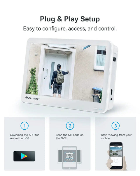 4K 8 Channel POE NVR with 12 inch screen showing plug and play setup instructions, easy configuration, Android and iOS QR code access