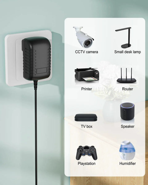 Rock Solid 6V AC Adapter No Sweat Plug And Play Charger powering various devices like printer and speaker in home setting.