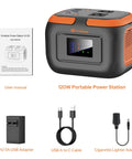 Image of Portable Power Station 120W with 97.6Wh Battery, AC Outlet, USB ports, USB adapter, and cables. Includes user manual.