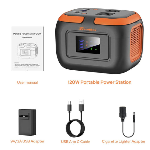 Image of Portable Power Station 120W with 97.6Wh Battery, AC Outlet, USB ports, USB adapter, and cables. Includes user manual.