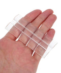 Clear Acrylic Self Adhesive Hinge Set Four Pack Adjustable Folding Hinges shown on a hand for size reference