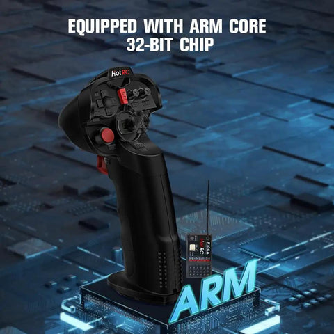 One Hand RC Transmitter With 4 Channel Receiver Kit For Car Boat Drone Airplane 2.4GHz Controller shown with ARM Core chip