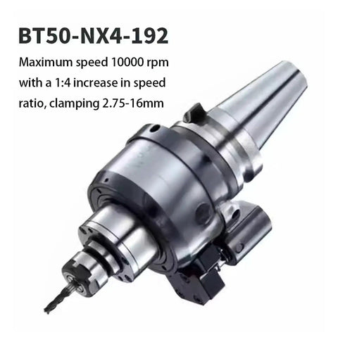 This Top Shelf CNC Spindle Speed Increaser Is A Bad Boy Tool Holder Adapter For BT40 And BT50 Machines Delivering Five X Gear Head Acceleration Without Any Sweat During Production with drill bit and clamping system.
