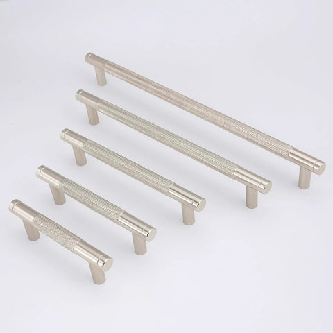 10 Pack 5 Inch Center To Center Brushed Satin Nickel Knurled Cabinet Handles in various sizes on display