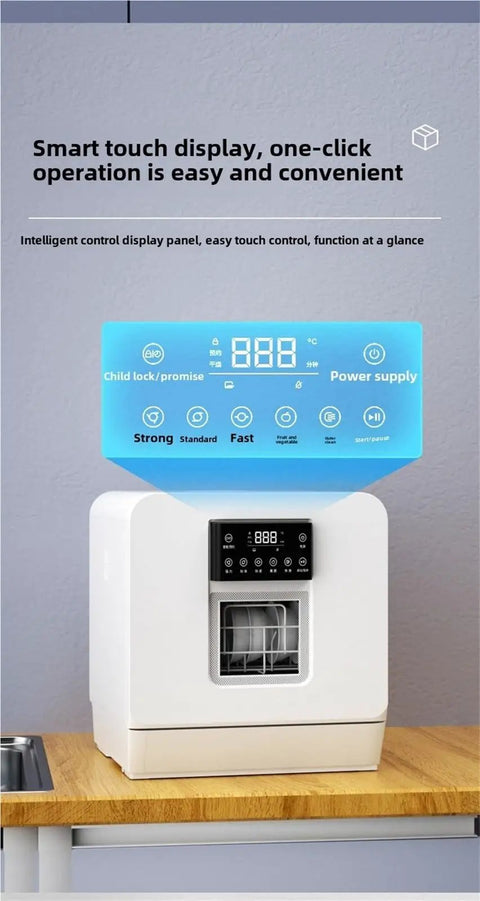 Plug And Play Portable Countertop Dishwasher Automatic Smart Wash System With Built In Storage and Disinfection Mode No Install Headaches Compact Size Perfect For Small Spaces Total Cleaning Breeze with smart touch display on wooden countertop.
