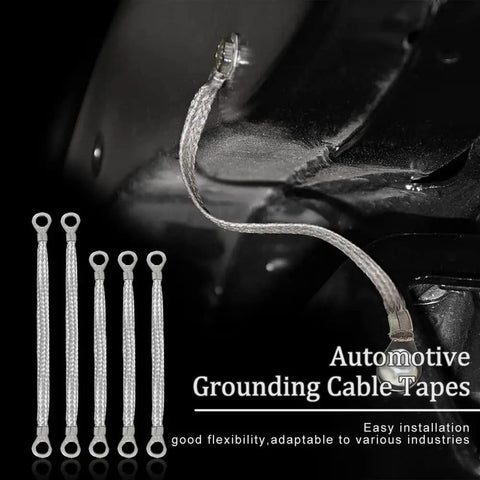 Universal Automotive Ground Strap Set Tinned Braided Copper Wire 5 piece pack showing flat grounding cables installed in vehicle