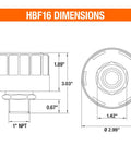 Built Tough One Inch Npt Hydraulic Reservoir Breather Vent Cap With Forty Micron Filter dimensions, showing heights and widths for installation.