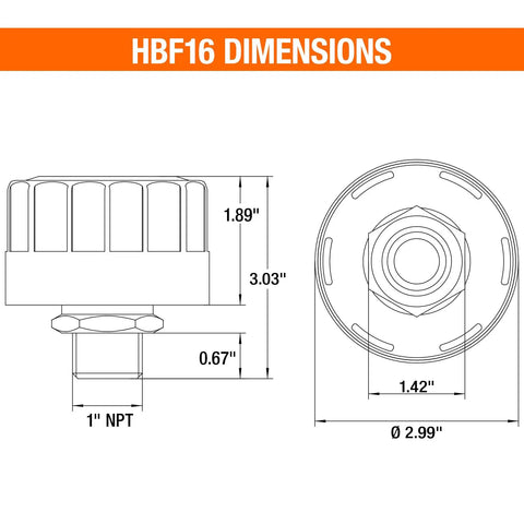 Built Tough One Inch Npt Hydraulic Reservoir Breather Vent Cap With Forty Micron Filter dimensions, showing heights and widths for installation.