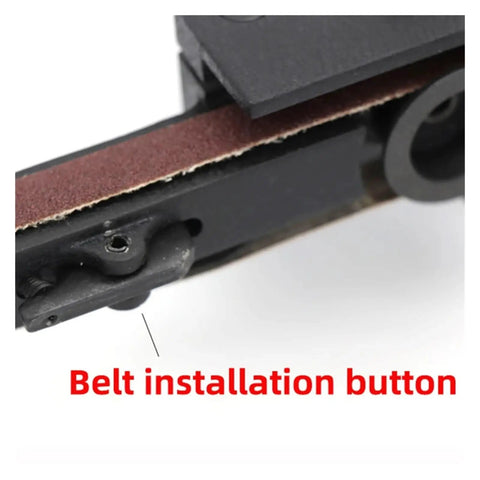 Close-up of the belt installation button on Mini Pneumatic Belt Grinder Sander Tool With Grit Belts For Polishing Metal.