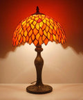 Stained Glass Tiffany Style Table Lamp With Red Wisteria Design, 12 Inch Shade, 18 Inch Tall, Antique Green Bronze Base, Cord Switch