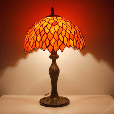 Stained Glass Tiffany Style Table Lamp With Red Wisteria Design, 12 Inch Shade, 18 Inch Tall, Antique Green Bronze Base, Cord Switch
