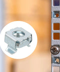 Pro Grade M8 X 1.25 Mm Snap In Cage Nuts Five Pack Zinc Plated Carbon Steel, shown securing a server rack mount.