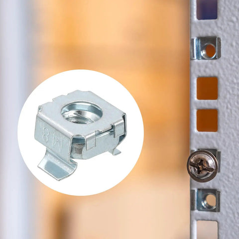 Pro Grade M8 X 1.25 Mm Snap In Cage Nuts Five Pack Zinc Plated Carbon Steel, shown securing a server rack mount.