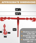 Heavy Duty Chain And Binder Set Three Eighths To One Half Inch G80 Transport Chain Ten Feet Four Pack With Ratchet Load Binders Nine Thousand Two Hundred Lbs WLL dimensions illustration