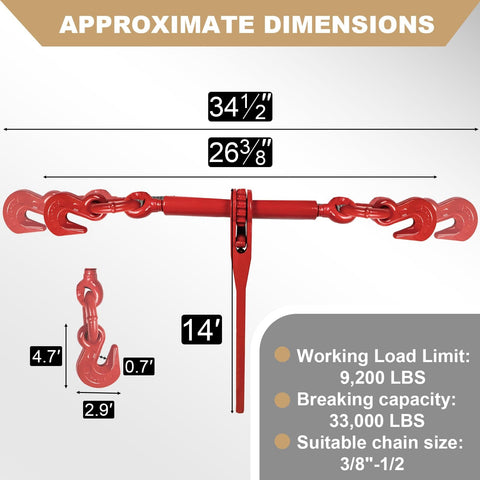 Heavy Duty Chain And Binder Set Three Eighths To One Half Inch G80 Transport Chain Ten Feet Four Pack With Ratchet Load Binders Nine Thousand Two Hundred Lbs WLL dimensions illustration
