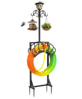 3-In-1 Garden Hose Holder With Solar Light And Shepherd Hooks with decorative bird feeder and plant basket