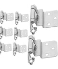 Eight silver metal inset cabinet hinges with self-closing mechanism, laid out for display