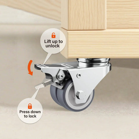 Close-up of Heavy Duty 2 Inch Double Wheel Casters With Roller Brake, showing locking mechanism and smooth TPR wheels.