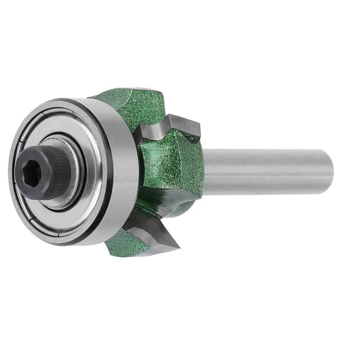 Jiawu 4-Tooth Woodworking Router Bit Trimmer For Perfect Edge Banding Finish With Tungsten Steel Blades and R2 Radius, 1/4 Inch Shank showing detailed angle.