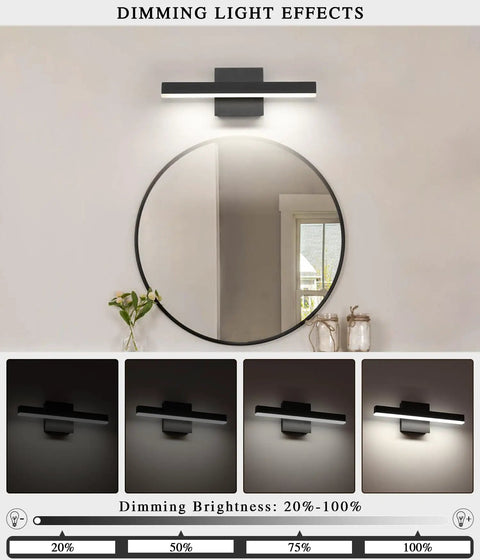 Dimmable Gold Bathroom Vanity Lights Over Mirror With Adjustable Five Color Temperatures Modern Led Wall Lamp Bar For Bath 15.75 Inches Long 12 Watt Super Flexible Lighting showing dimming effects and brightness levels over round mirror.