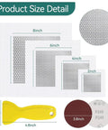 Eight Piece Aluminum Fiber Mesh Spackle Patch Kit For Drywall Repair Quick And Easy Wall Hole Fix DIY Friendly Includes 2, 4, 6, And 8 Inch Patches Durable Home Improvement Repair Solution product with patch sizes shown and scraper tool visible.