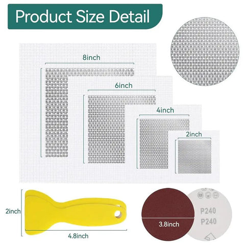 Eight Piece Aluminum Fiber Mesh Spackle Patch Kit For Drywall Repair Quick And Easy Wall Hole Fix DIY Friendly Includes 2, 4, 6, And 8 Inch Patches Durable Home Improvement Repair Solution product with patch sizes shown and scraper tool visible.