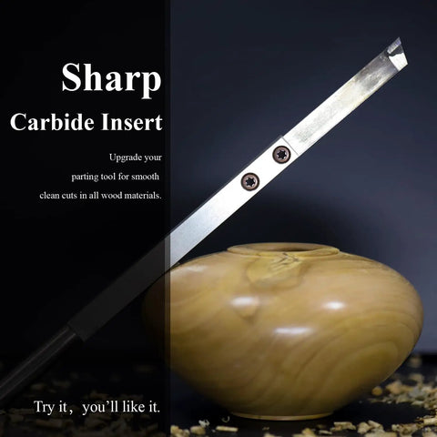 Beefy Ten Inch Parting Woodturning Lathe Tool Carbide Tipped Grooving Blade With Two Carbide Inserts shown with wood bowl