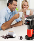 One Touch Single Serve Coffee Maker For K Cup Pods, Fast 3 Minute Brew, Space Saving Mini Brewer, brewing coffee with travel mug.