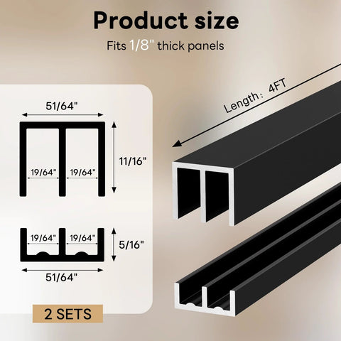 Two Pack Aluminum Sliding Door Track System For One Eighth Inch Panels Ideal For Closet Glass Doors Pet Cabinets And Windows Includes Two Upper And Two Lower Tracks With Easy Install Cut To Fit Design And Adhesive Nail Mounting Black product size diagram.