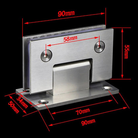 Soft Close Stainless Steel Shower Door Hinges Two Pack For Frameless Glass 8 To 10 mm 180 Degree Clamp with measurements