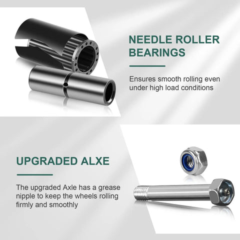 Needle roller bearings and upgraded axle components for Heavy Duty Cast Iron Caster Wheels With Polyurethane Tread And Half Inch Bore Roller Bearing.