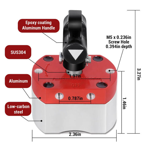 DTLHCNCT 180 lb ON/OFF magnetic welding holder with red top and aluminum handle, front view.