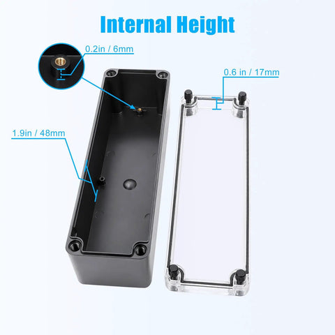 Rugged IP67 Waterproof Junction Box With Clear Top And Drop Dead Tough ABS Shell dimensions showing internal height and size details.