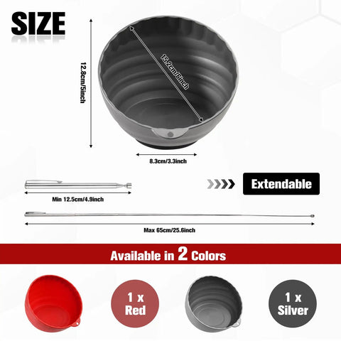 Magnetic Nut Cup Set With Telescoping Magnetic Pickup Tool And Two 6 Inch Magnetic Bowls In Red And Gray For Easy Part Sorting, Quick Identification, And Hassle Free Retrieval In Garage Or Workshop. Size chart shows 6-inch magnetic bowl and extendable pickup tool
