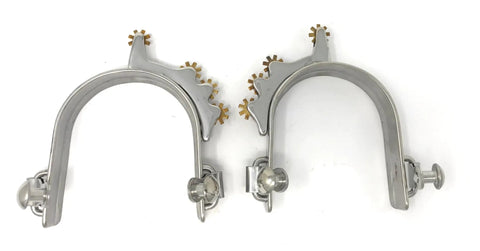 Ladies Stainless Steel Bumper Spurs With Four Brass Horizontal Rowels, Comfortable 3-Opening 3-Depth Fit, top view