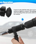 Pro Grade Car Cordless Rivet Gun Adapter Kit For Drill Universal Riveting Tool with rivet head and drill attached
