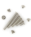 Slick Nickel Plated Chicago Binding Screws 80 Piece Assorted M5 Screw and spindle set on white background.