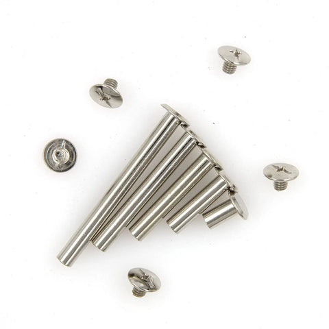 Slick Nickel Plated Chicago Binding Screws 80 Piece Assorted M5 Screw and spindle set on white background.