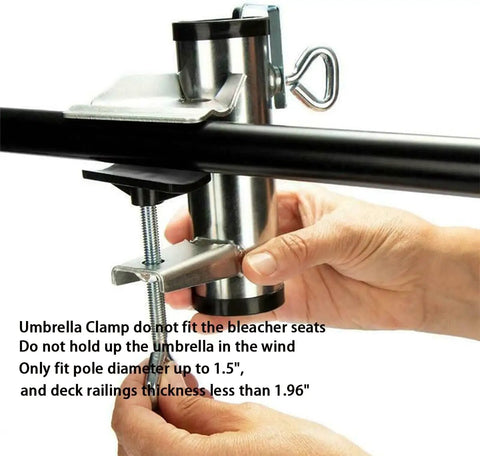 Close-up of Heavy Duty Umbrella Clamp Holder For Patios And Beach Tents Adjustable Outdoor Shade Mount in use with hands.