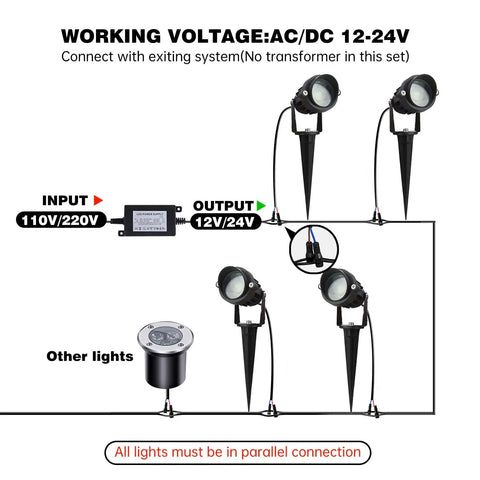 Connection diagram for 10W LED Landscape Lights 12V Outdoor Spotlight Plug And Play Connectors Low Voltage Yard Uplight