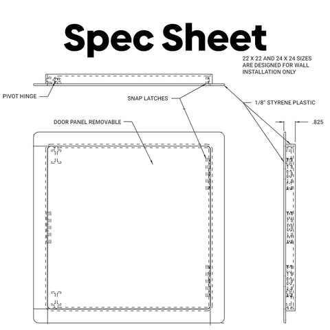 Spec sheet for 4X6 Inch Flush Access Panel For Drywall And Ceilings Crafted From Heavy Duty High Impact Styrene With UV Stabilizers.
