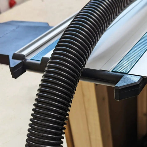 Trax90 XL Track Saw Square with hose on Makita rail for 90-degree alignment