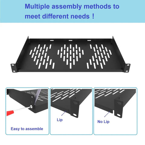 1U Universal Rack Shelf With 10 Inch Depth, Vented Cantilever Tray For 19 Inch Network Racks And Cabinets, Black, 1 Piece, assembly options